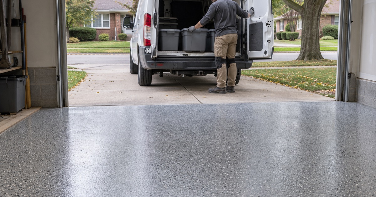 The installer packing up after a finished garage floor in Evanston, the gray flake floor behind him in the open bay.