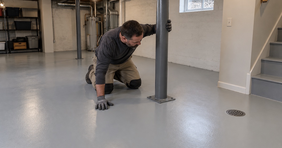 A finished light gray epoxy basement floor in an Evanston house, coated cleanly around the steel support column.
