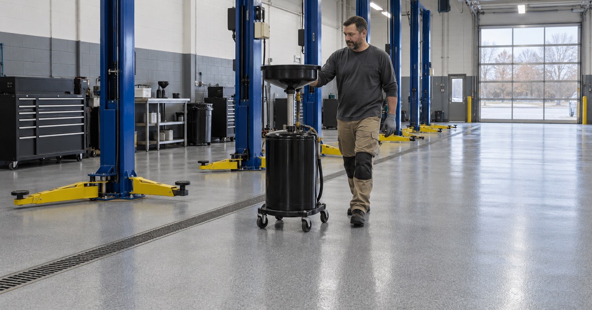 A coated dealer service bay floor in Barrington, an oil drain caddy wheeled out between the lifts.