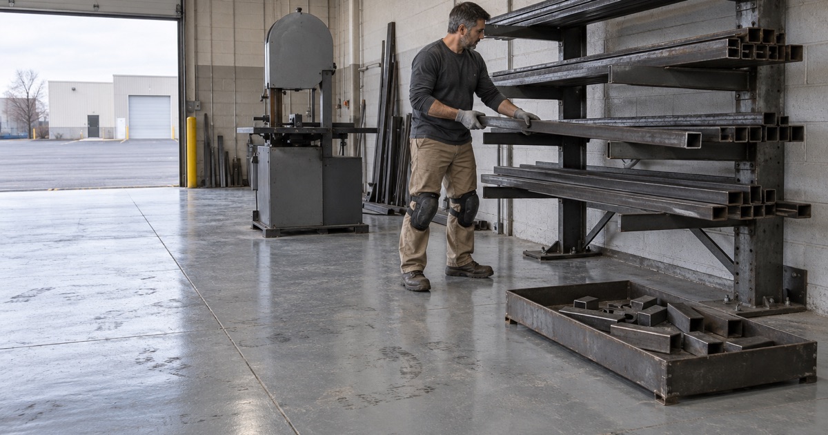 A coated metal fabrication shop floor in Bensenville, steel tube stock on a floor rack being guided out for cutting.