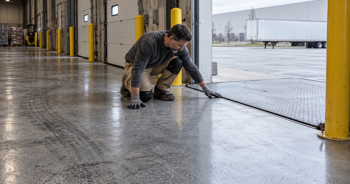 A coated warehouse floor in Bridgeview at a row of dock doors, checked at the steel edge of a dock leveler.