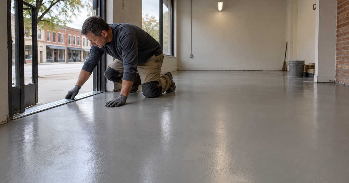 A new coated floor in an older Brookfield storefront, the aluminum threshold set at the door for the new tenant.