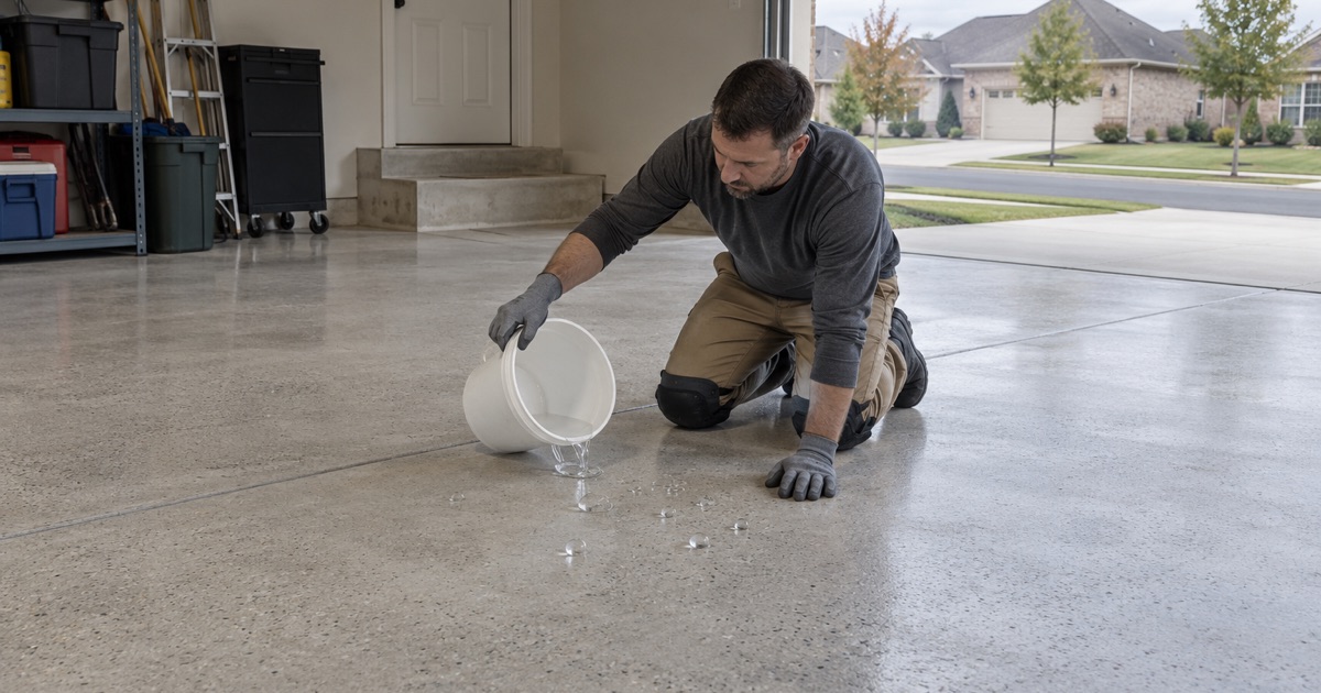 A recently poured Deerfield garage slab tested for curing sealer before it is coated