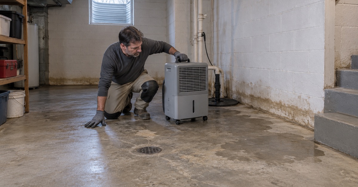 An Evergreen Park basement floor after a sewer backup, drying out before it is coated