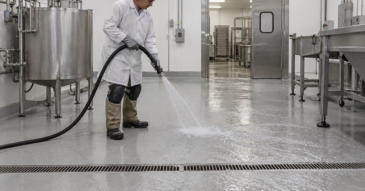 A sloped urethane cement washdown floor in a Forest Park confectionery plant, rinsed toward its trench drain.