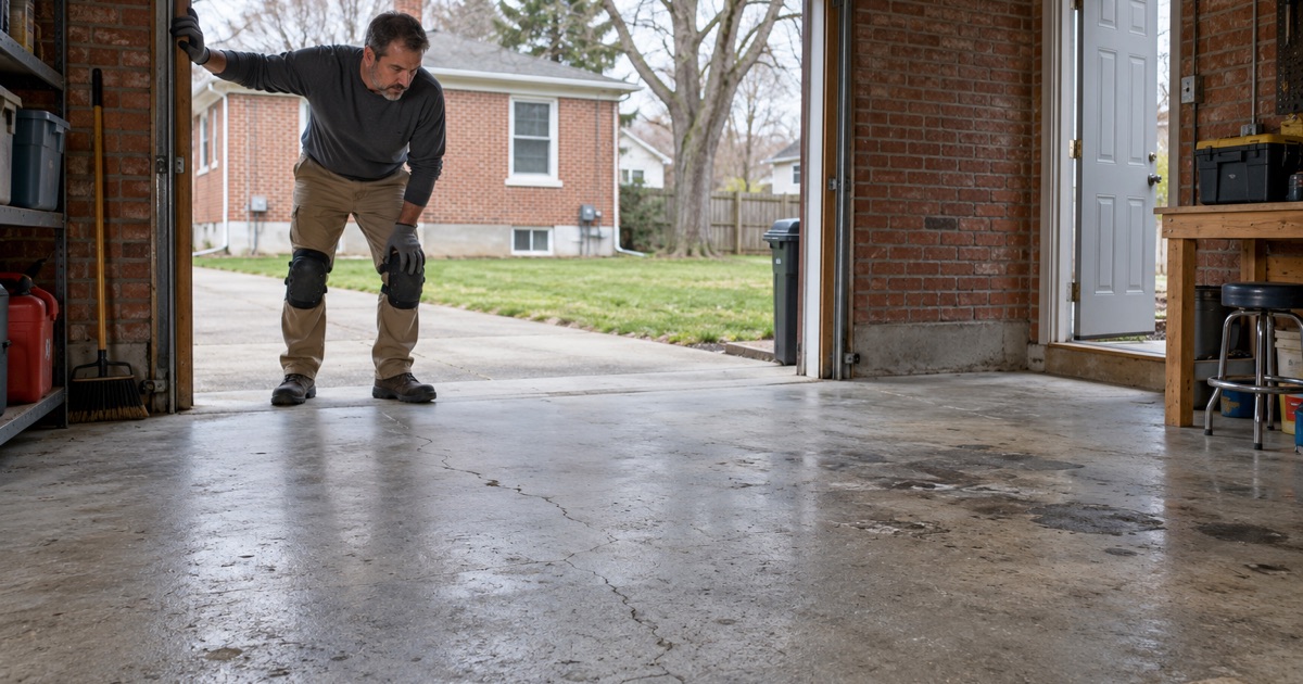 A decades-old detached garage floor behind a Franklin Park brick house, ready to be quoted