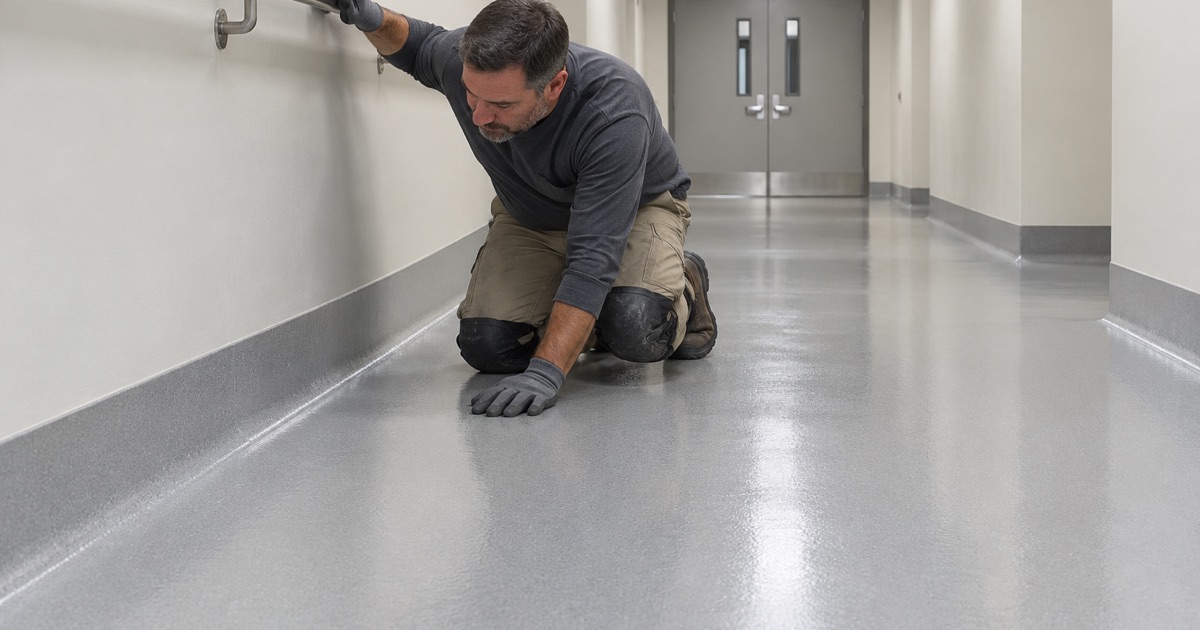 A seamless coated service corridor floor at a Hinsdale hospital, coved up the wall below the stainless handrail.