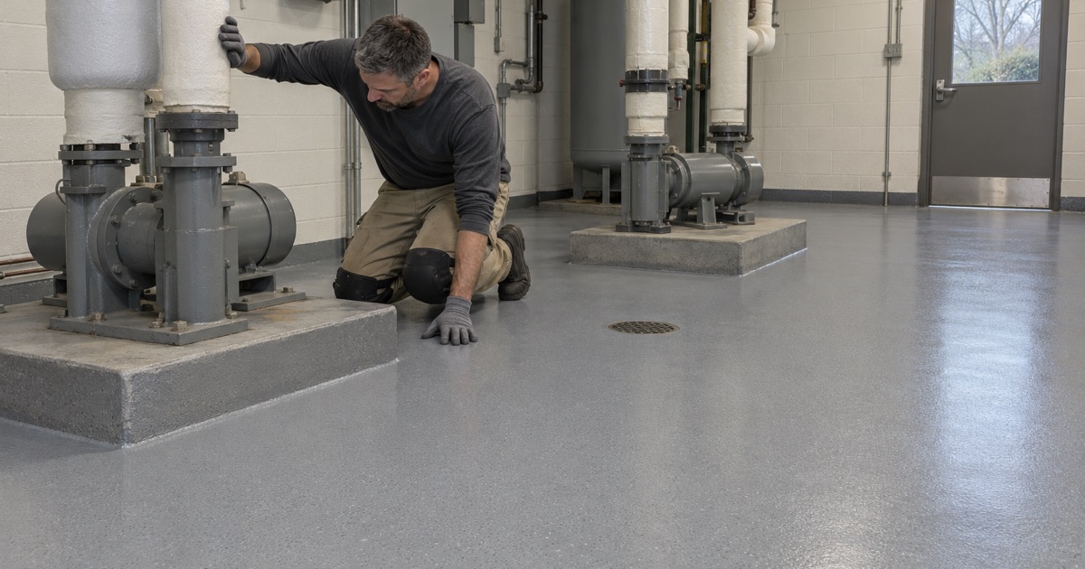 A newly coated mechanical room floor in a Lake Forest corporate office building, the coating carried up to the pump pads.