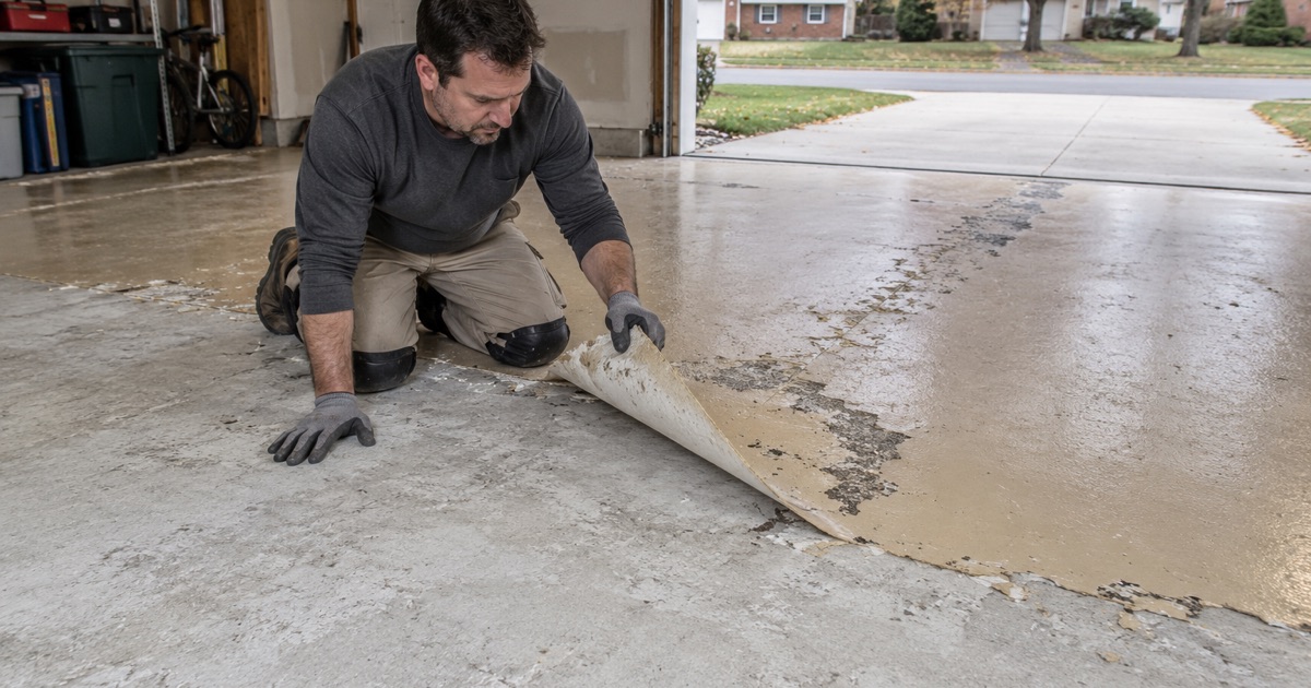 A worn earlier coating peeled back to clean concrete in a Lake Zurich garage
