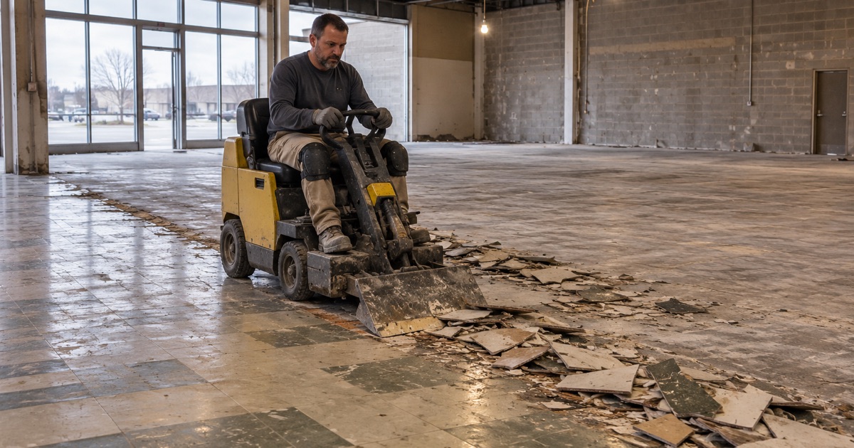 Old flooring being cleared from a large retail slab in Lincolnwood with a ride-on scraper before the new floor goes in.