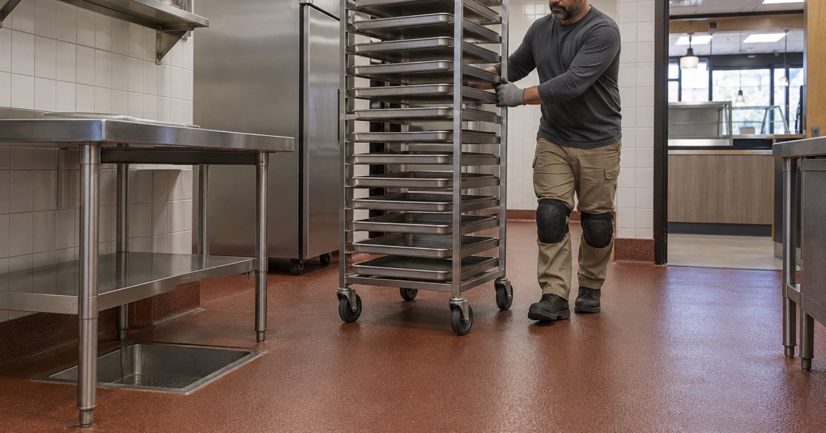 A coated food-court kitchen floor in Norridge, a sheet-pan rack rolled across it toward the prep line.