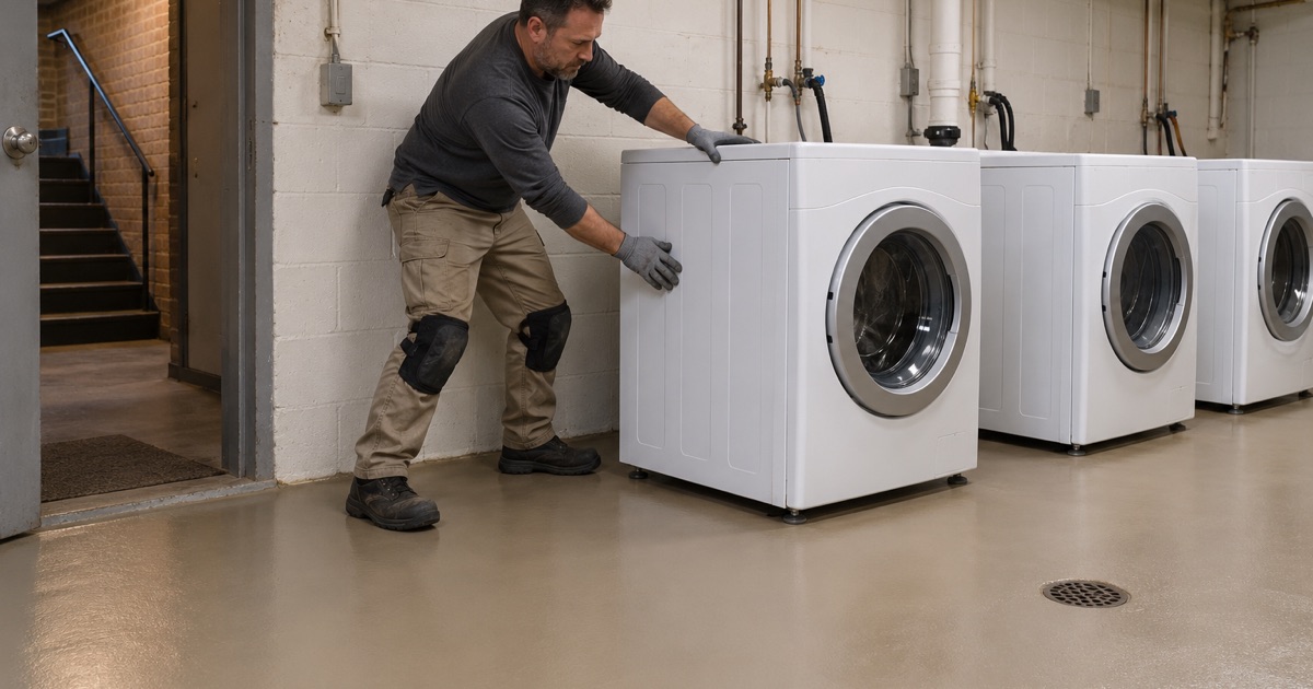 A new epoxy floor in the shared laundry room of a River Grove walk-up apartment building