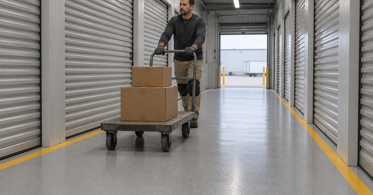 A coated self-storage corridor floor in Schiller Park, a loaded platform cart pushed down the aisle between unit doors.