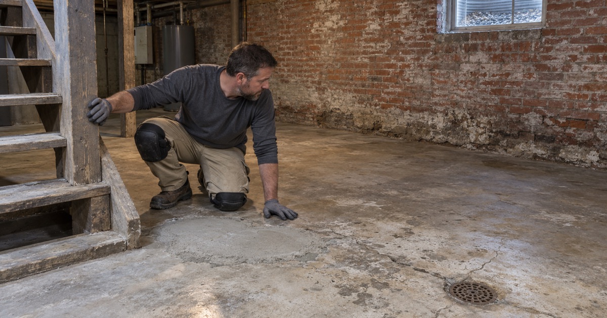 An old basement floor under a prewar Summit house, read crack by crack before quoting