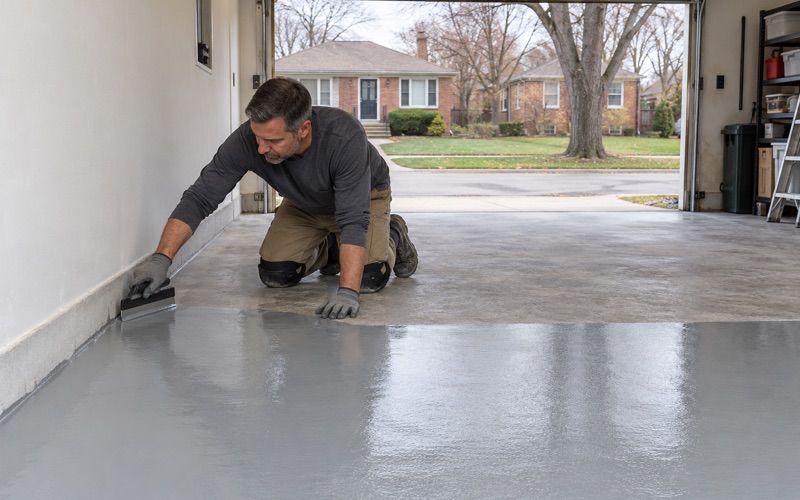 Gray epoxy base coat pulled into the wall junction of an Evanston attached garage, the far half of the slab still bare.