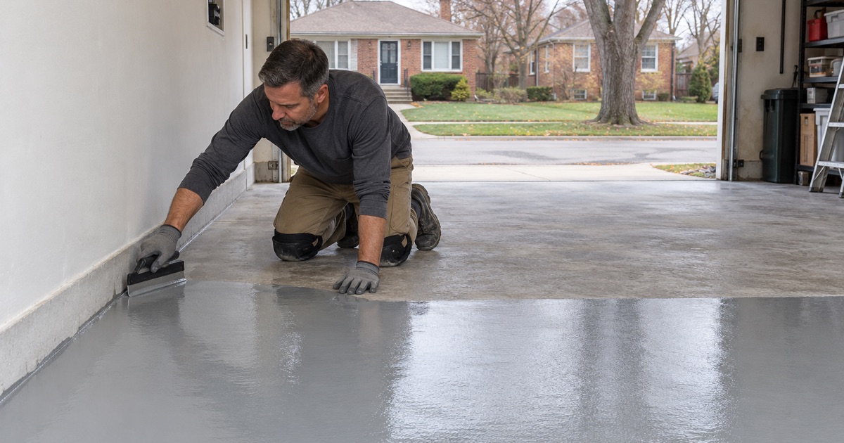 Gray epoxy base coat pulled into the wall junction of an Evanston attached garage, the far half of the slab still bare.