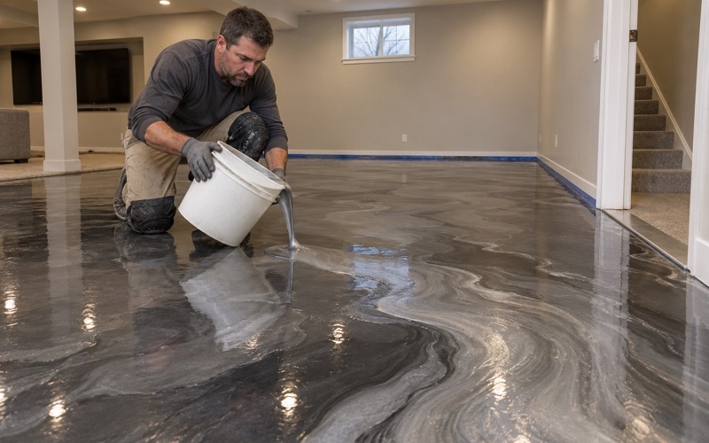 A silver and charcoal metallic epoxy pour marbling across the floor of a finished Evanston basement.