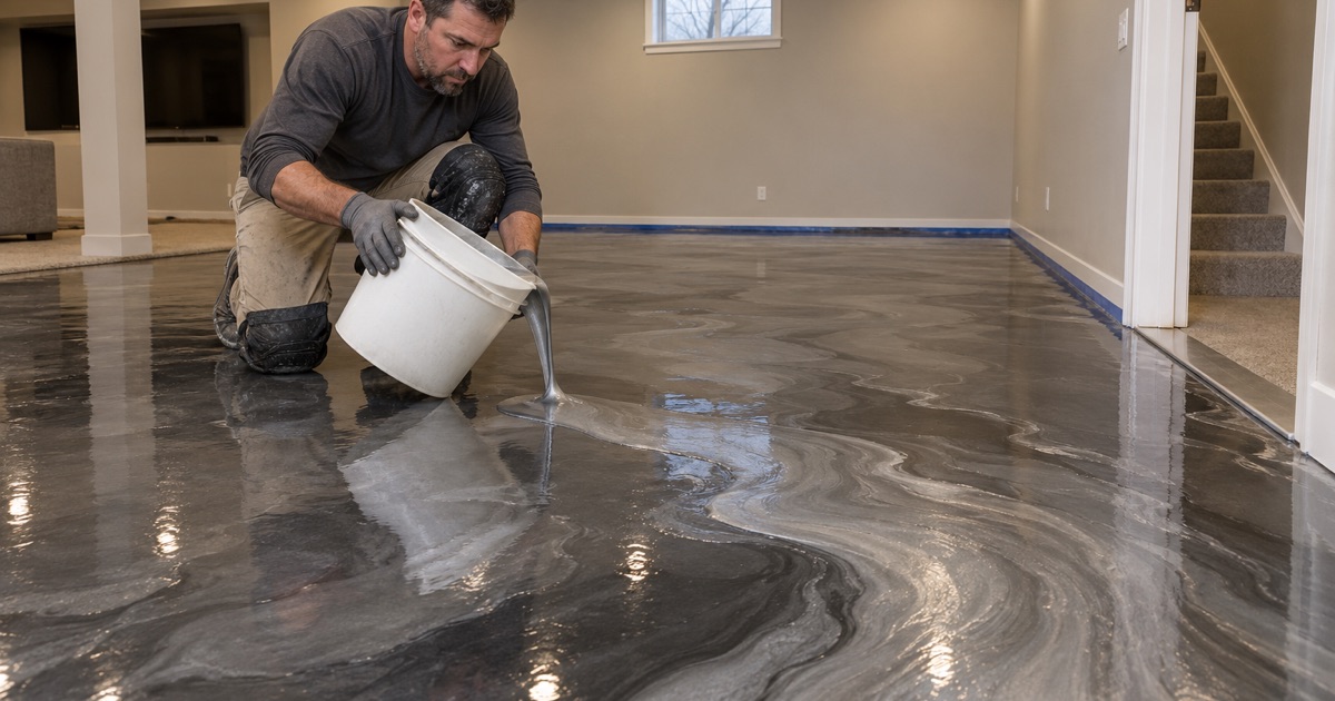 A silver and charcoal metallic epoxy pour marbling across the floor of a finished Evanston basement.